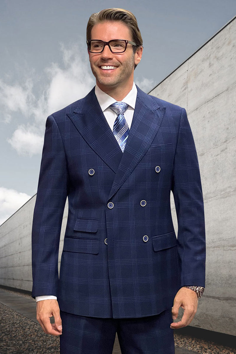Men's Designer Classic Fit Double Breasted Wool Suit in Navy Windowpane Plaid - 36 Short