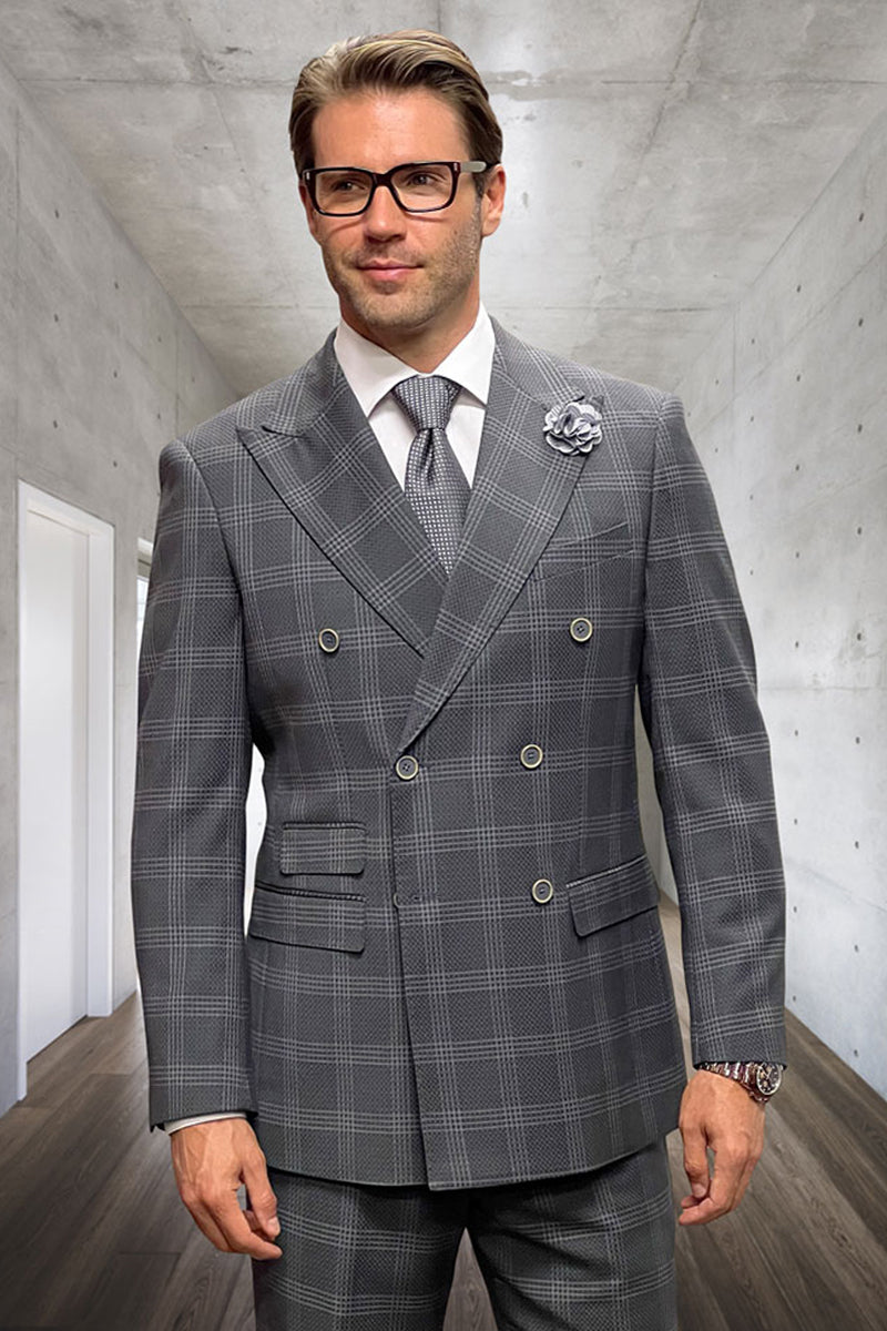 Men's Designer Classic Fit Double Breasted Wool Suit in Grey Windowpane Plaid - 36 Short