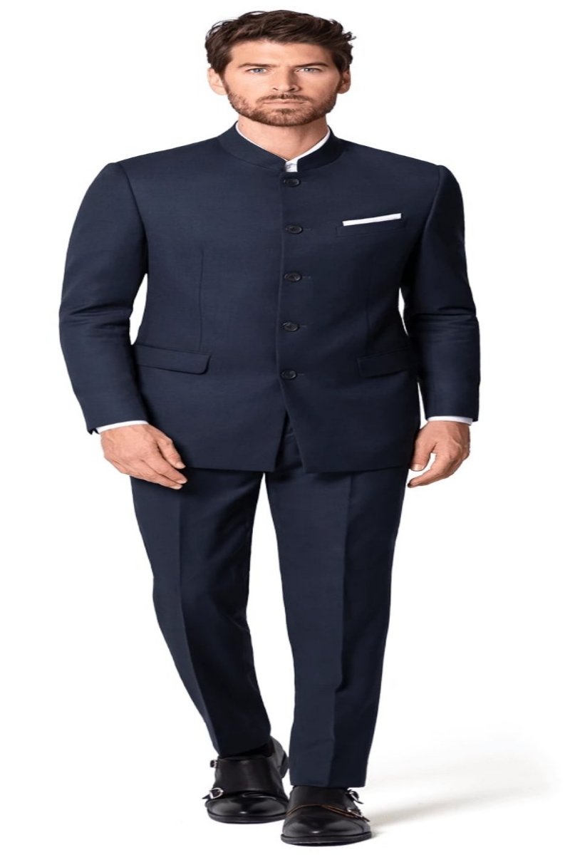 Coat Mandarin Suit - Navy Blue Color Banded Collar Suit - Chines Collar ...