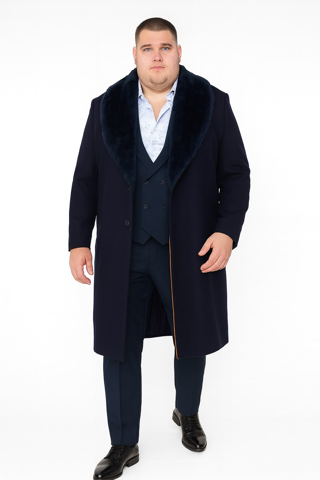 Mens Navy Blue Overcoat with Faux Fur Collar – Luxury Long Winter Coat for Formal and Casual Wear Topcoat - Coat Size 38