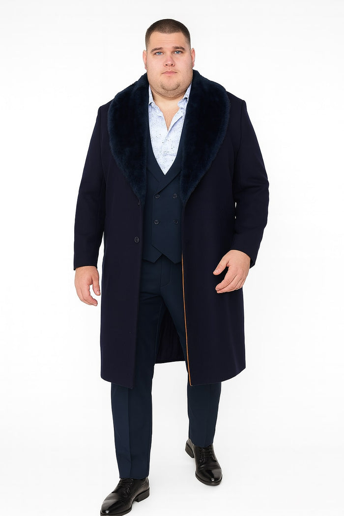 Mens Navy Blue Overcoat with Faux Fur Collar Luxury Long Winter Coat for Formal and Casual Wear Topcoat