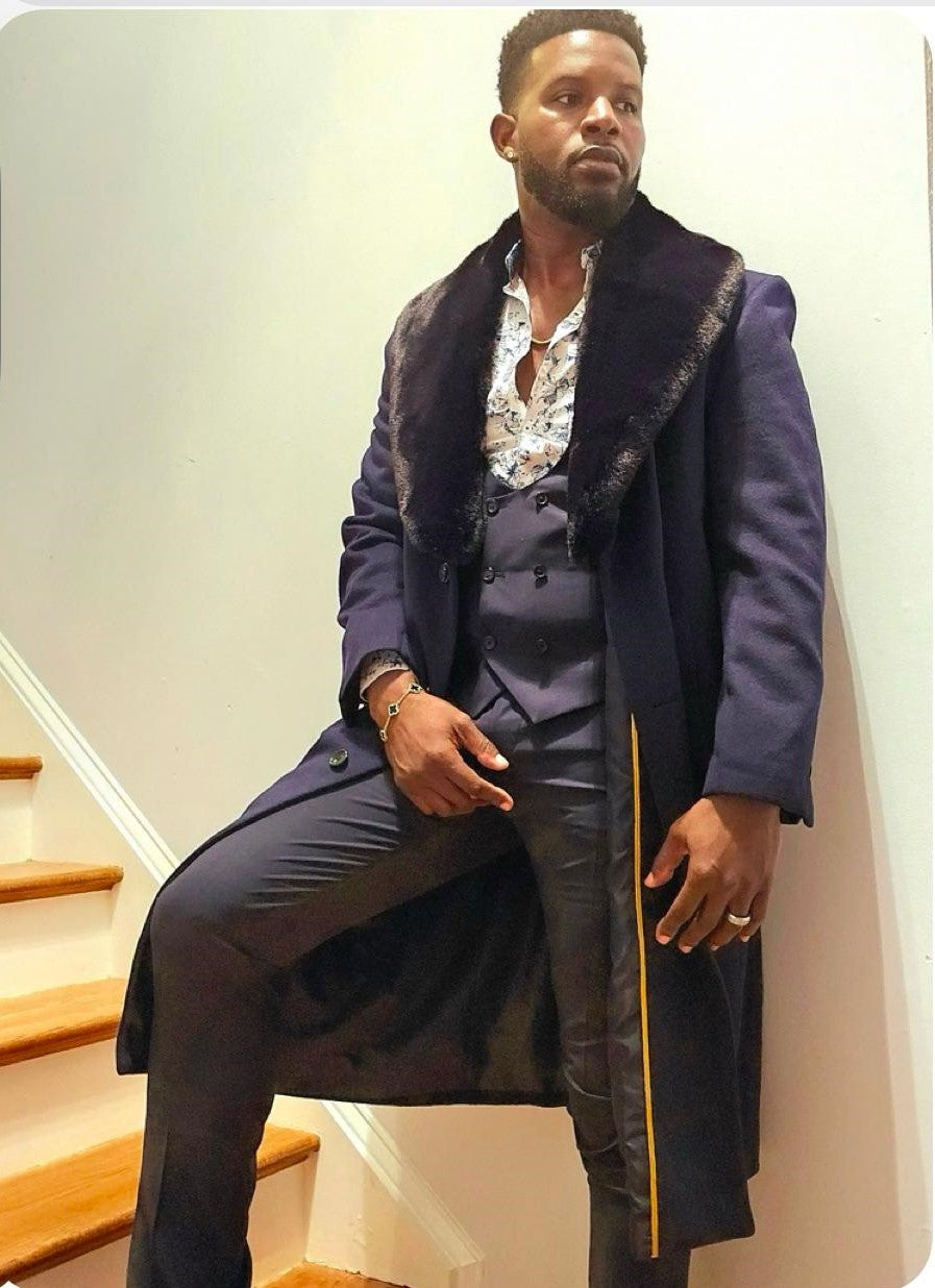 Mens Navy Blue Overcoat with Faux Fur Collar – Luxury Long Winter Coat for Formal and Casual Wear Topcoat - Coat Size 38