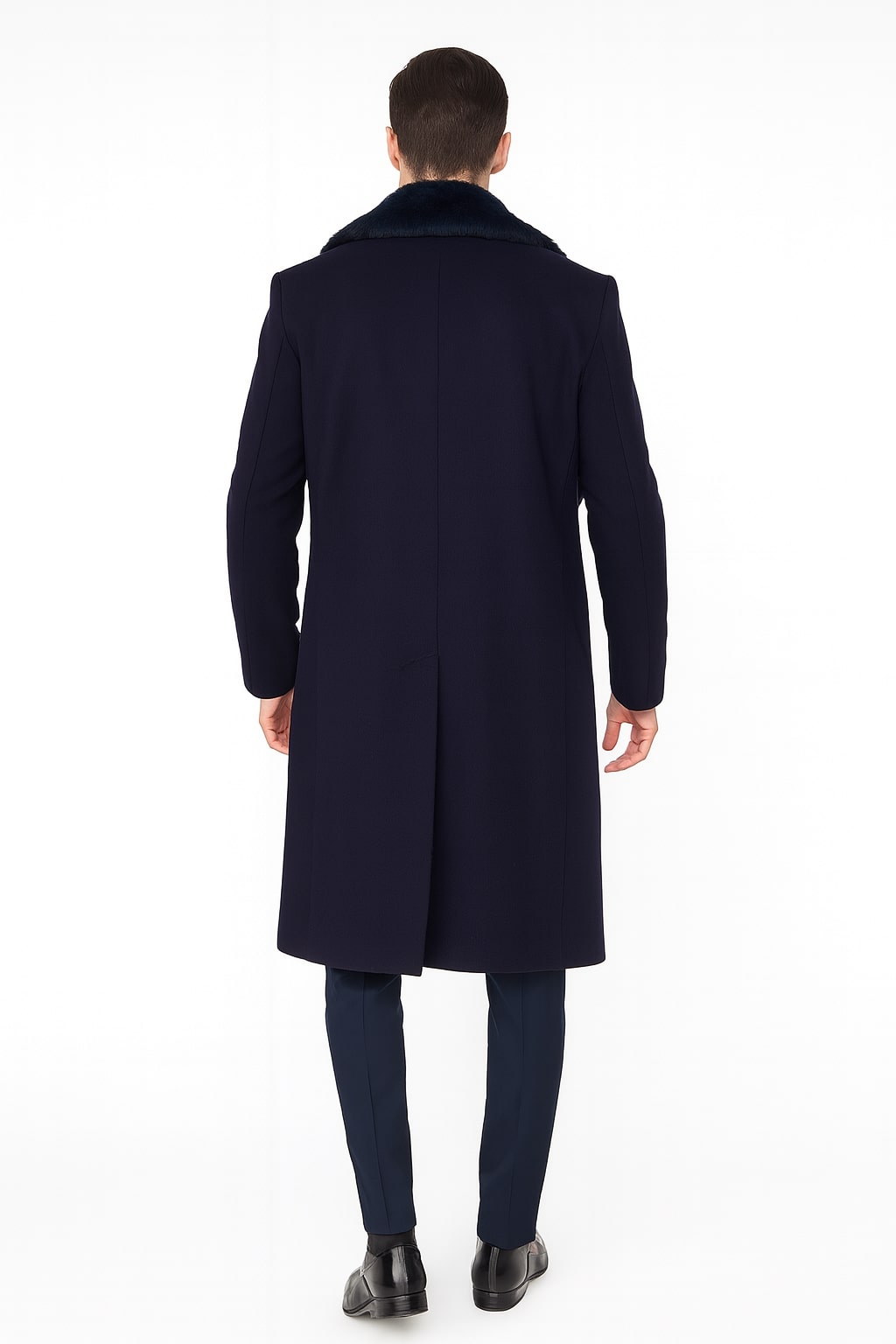 Mens Navy Blue Overcoat with Faux Fur Collar – Luxury Long Winter Coat for Formal and Casual Wear Topcoat - Coat Size 38