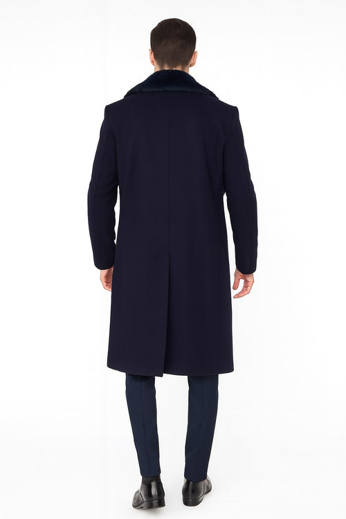 Mens Navy Blue Overcoat with Faux Fur Collar Luxury Long Winter Coat for Formal and Casual Wear Topcoat