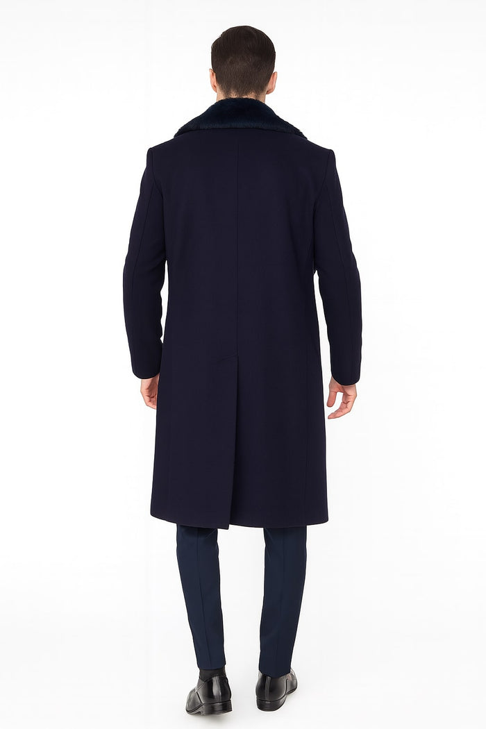 Mens Navy Blue Overcoat with Faux Fur Collar Luxury Long Winter Coat for Formal and Casual Wear Topcoat