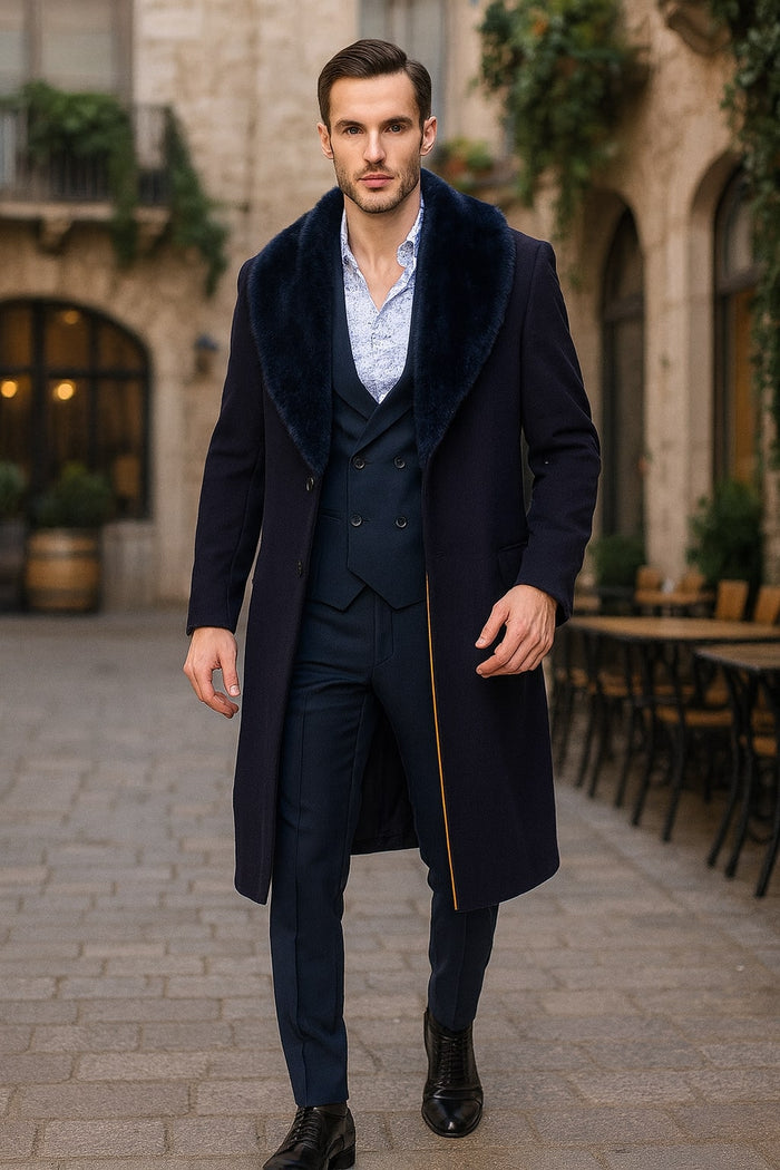 Mens Navy Blue Overcoat with Faux Fur Collar Luxury Long Winter Coat for Formal and Casual Wear Topcoat