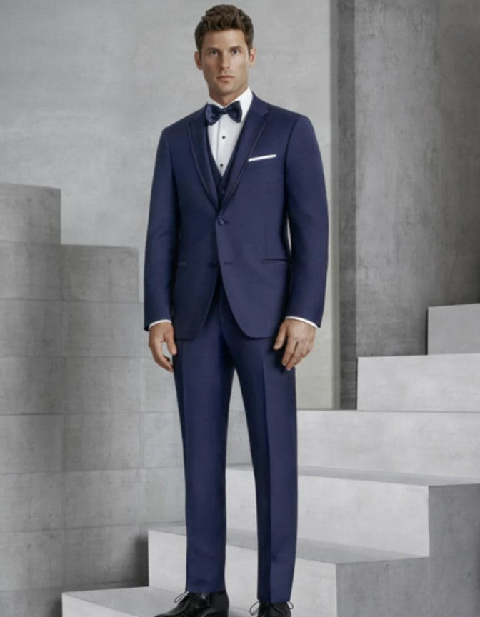 Mens Navy Blue Wedding Tuxedo - Dark Blue Tuxedo Suit"Mens Vested Slim Fit Two Button Trim Notch Tuxedo Navy - 34 Short