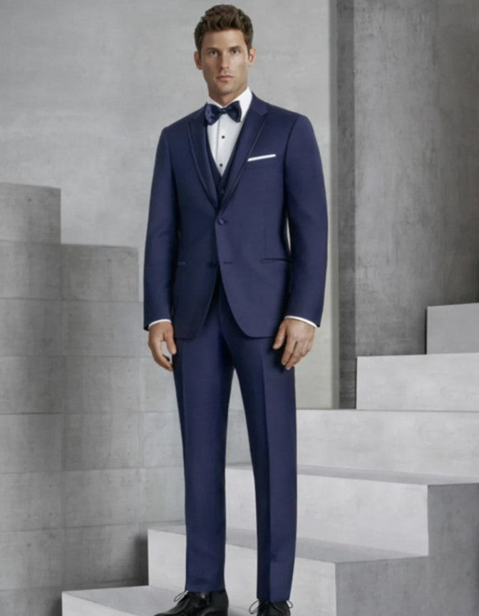 Mens Navy Blue Wedding Tuxedo - Dark Blue Tuxedo Suit"Mens Vested Slim Fit Two Button Trim Notch Tuxedo Navy