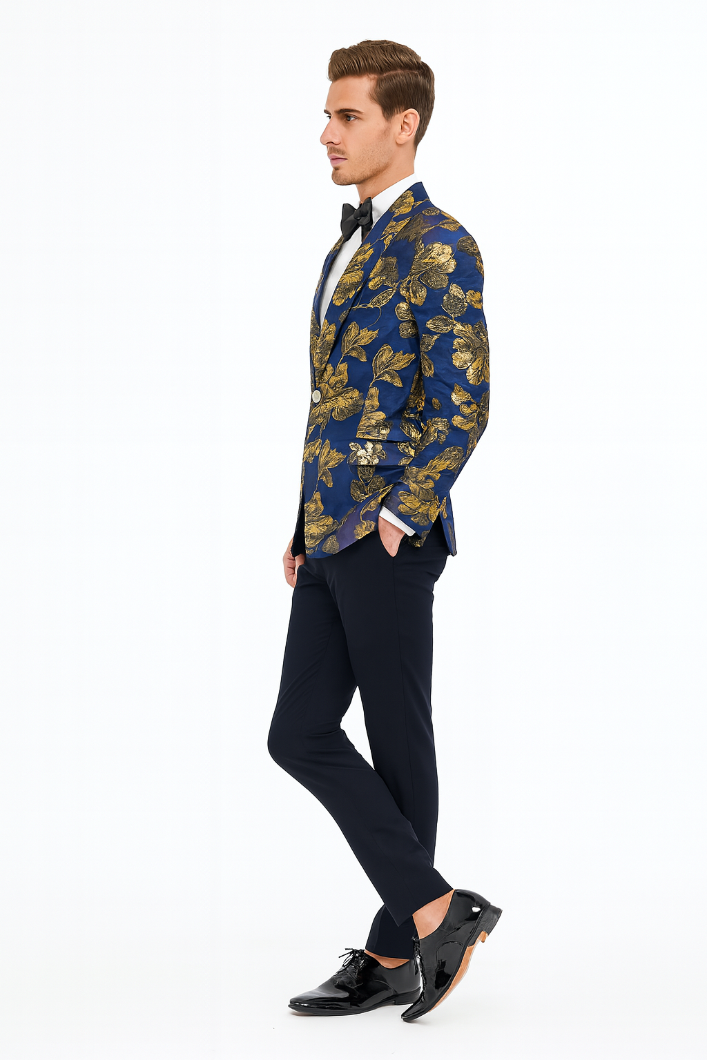 Mens Navy Blue and Gold Floral Tuxedo Jacket – Luxury Slim Fit Blazer with Gold Pattern Paisley Pattern Matching Bowtie - 36 Short