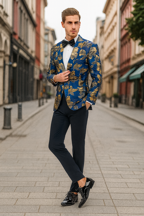 Mens Navy Blue and Gold Floral Tuxedo Jacket Luxury Slim Fit Blazer with Gold Pattern Paisley Pattern Matching Bowtie