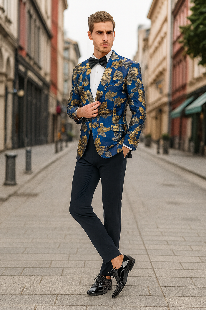 Mens Navy Blue and Gold Floral Tuxedo Jacket Luxury Slim Fit Blazer with Gold Pattern Paisley Pattern Matching Bowtie