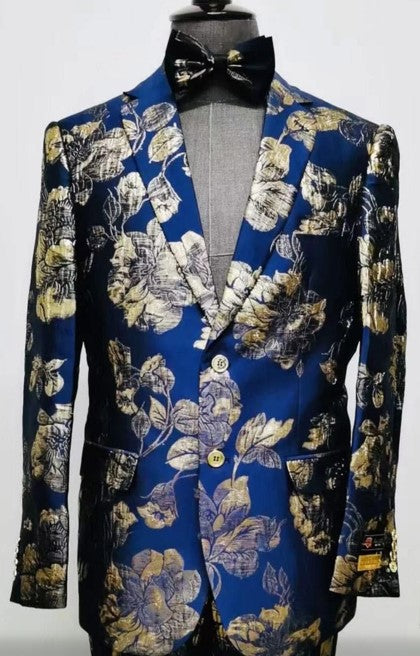 Mens Navy Blue and Gold Floral Tuxedo Jacket Luxury Slim Fit Blazer with Gold Pattern Paisley Pattern Matching Bowtie