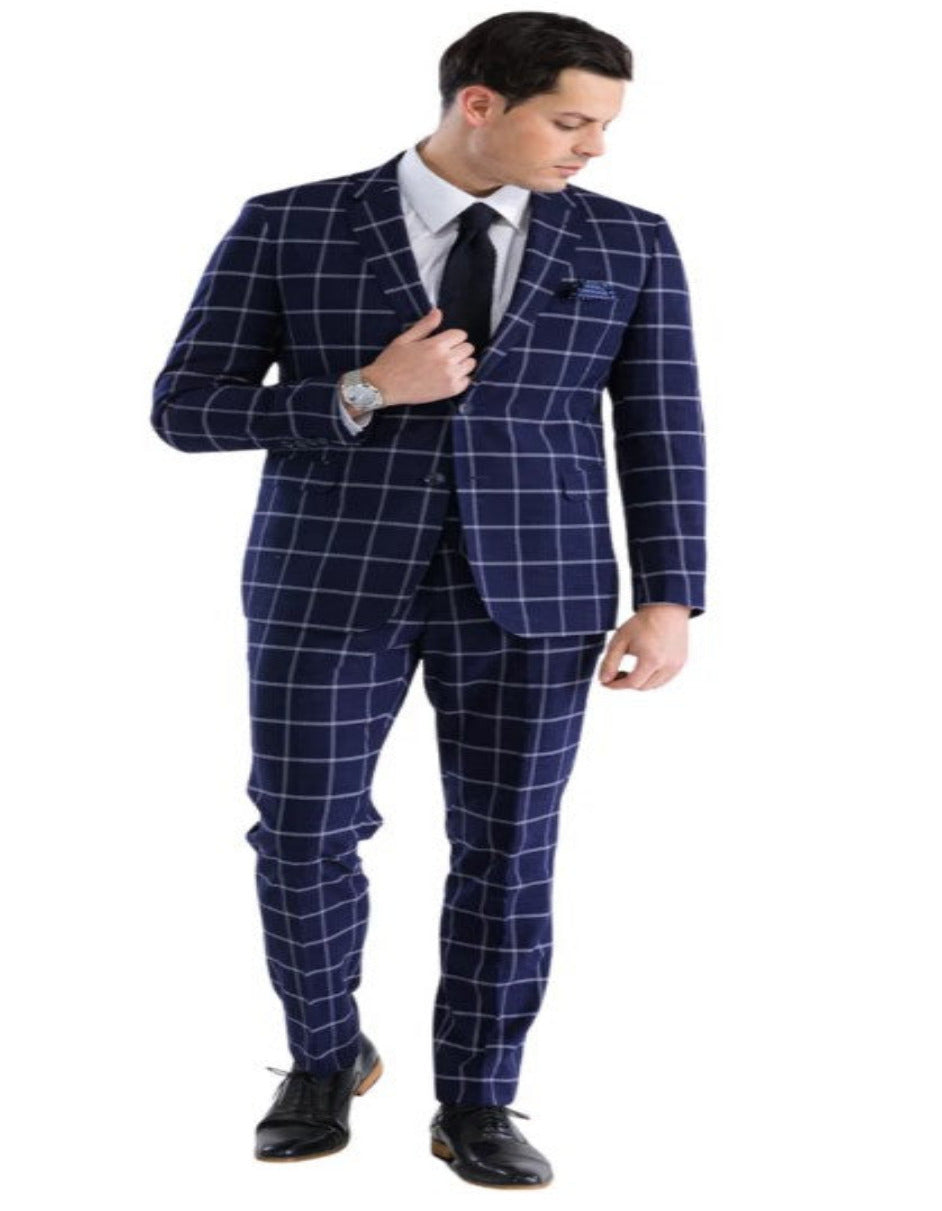 Mens Plaid Suit - Windowpane Pattern With Vest - Business Suit Navy - Coat Size 38