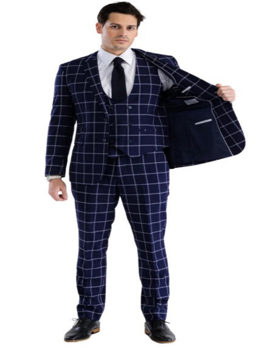 Mens Plaid Suit - Windowpane Pattern With Vest - Business Suit Navy - Coat Size 38