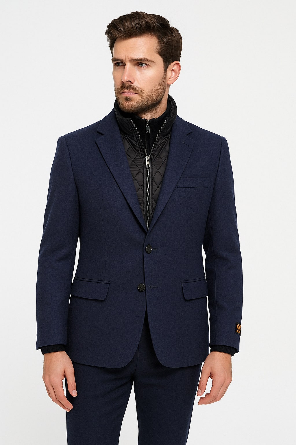 Mens Navy Cashmere and Wool Blazer with Quilted Zip-Up Inner Layer - Two Button Style Notch Lapel - 36 Short