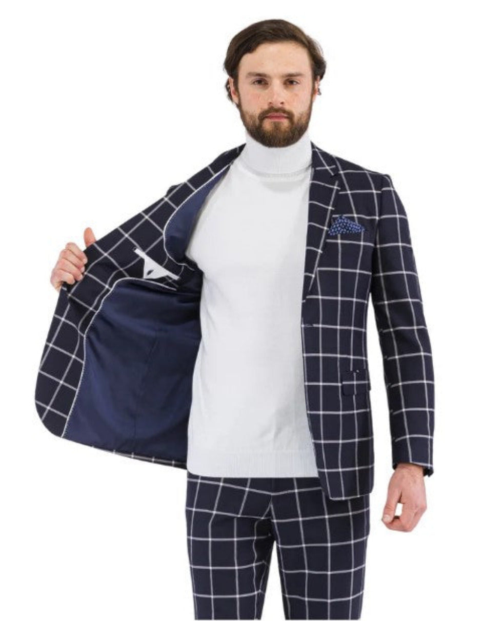 Mens Plaid Suits - Windowpane Pattern With Vest -Business Suit Navy - Coat Size 38