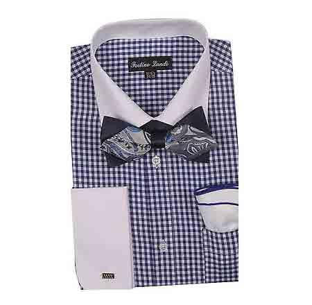 White Collar Navy Two Toned Contrast Gingham Plaid Dress Shirt - 15.5" Neck/33-34" Sleeve