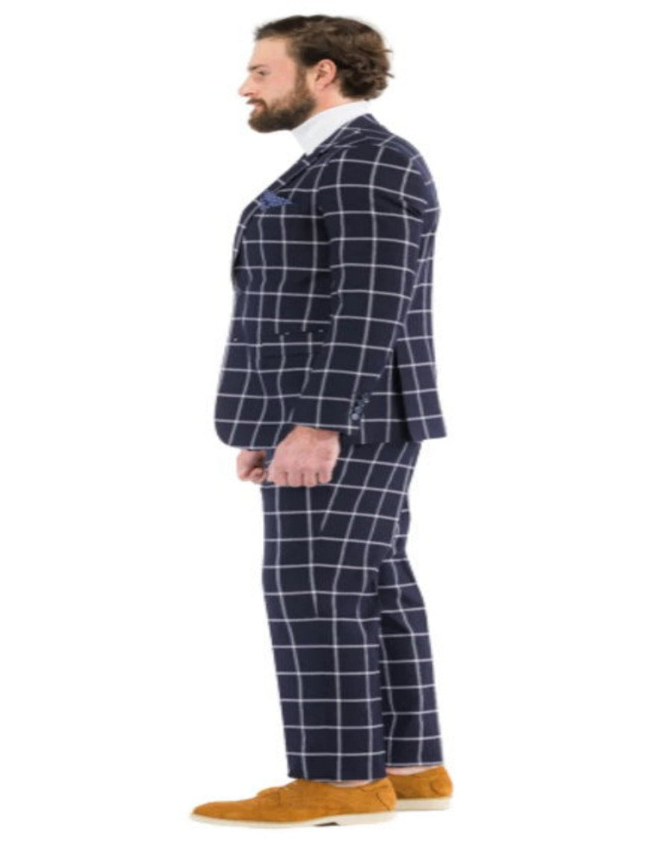 Mens Plaid Suits - Windowpane Pattern With Vest -Business Suit Navy - Coat Size 38