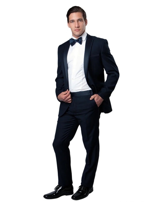 Mens Navy Blue Wedding Tuxedo - Dark Blue Tuxedo Suit" Mens Modern Wool Feel - Designer Brand Peak Trim Tuxedo in Navy