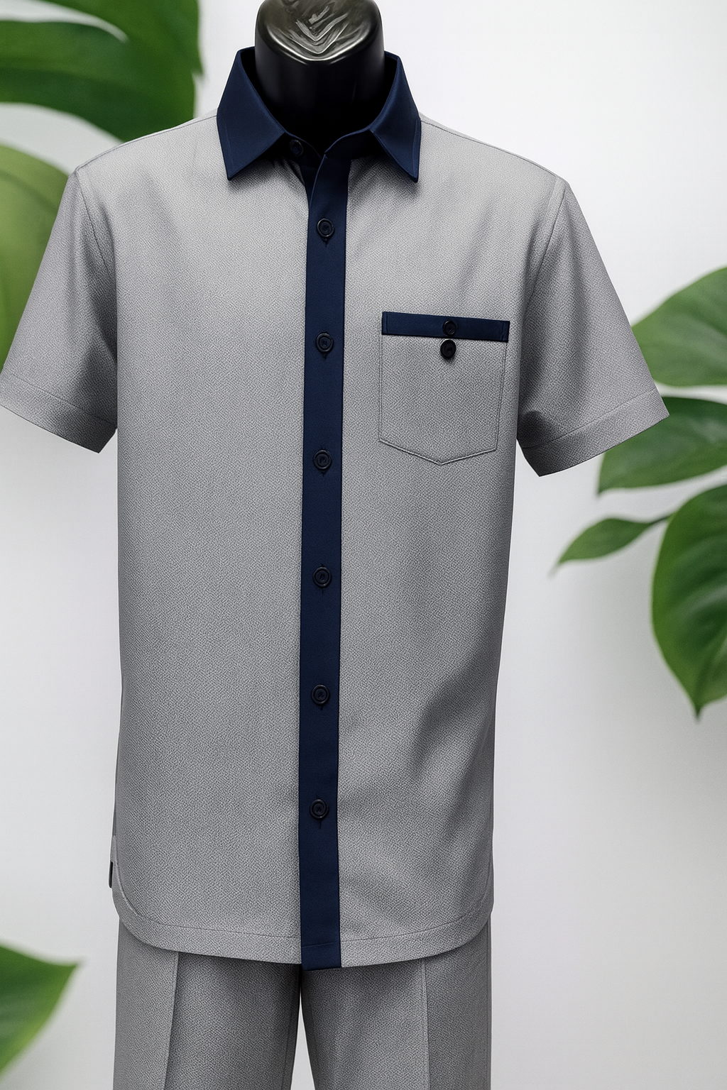 Mens Navy White Houndstooth Short Sleeve Walking Suit - S