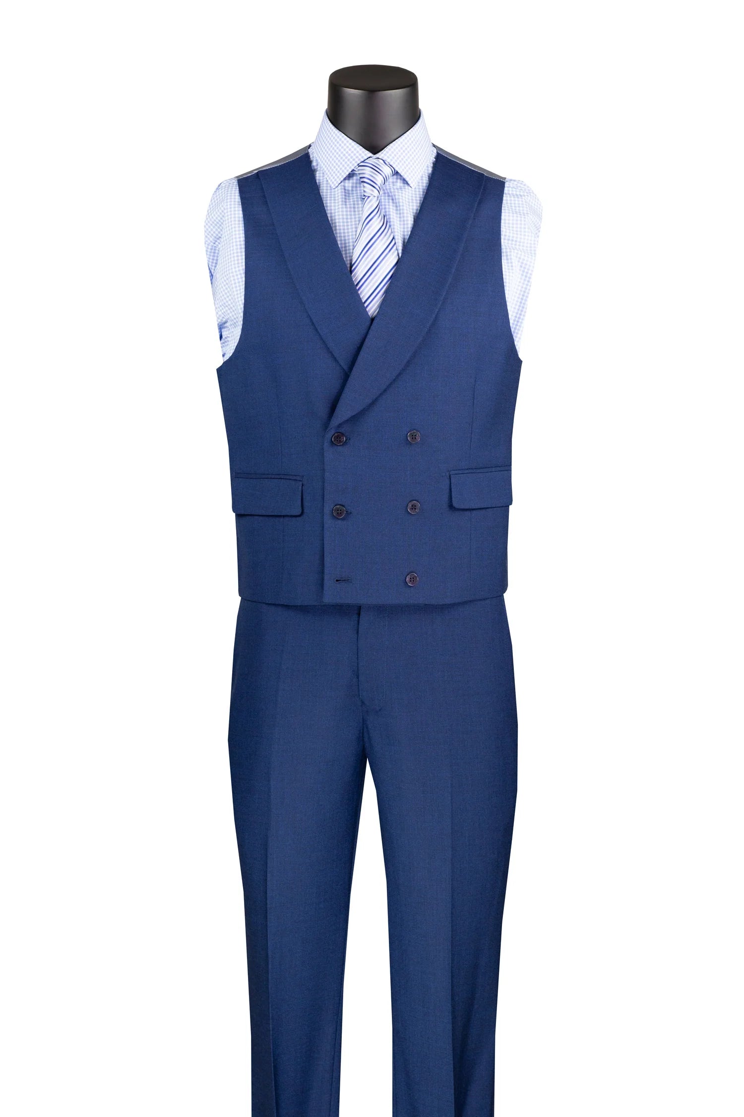 Navy Modern Fit 3-Piece Suit with Lapel Vest & Adjustable Pants - 38 Short - 32 Waist