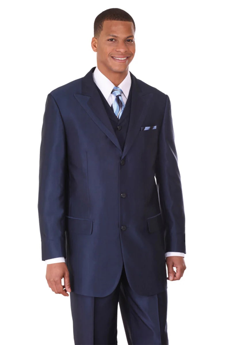 Mens 3 Button Fashion Suit with Wide Trimmed Peak Lapel in Navy - 38 Short Jacket+32 Waist Adjustable 28to34)(Height: 5 4 to5 7 )(Neck  15-16.5)S-M)