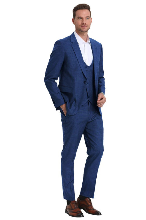 Cheap Priced Suit - Men's One Button Double Breasted Vest Slim Fit Sharkskin Wedding Navy Suit