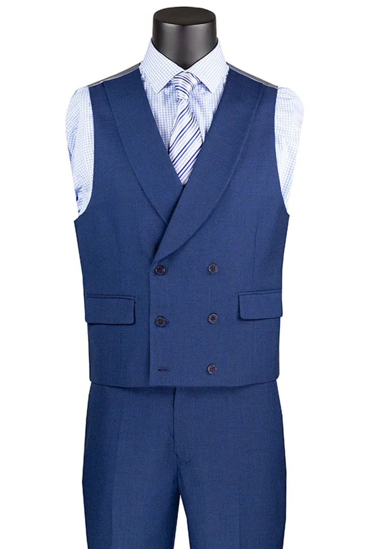 Cheap Priced Suit  - Men's Summer Sharkskin Navy Suit With Double Breasted Vest - 38 Short Jacket+32 Waist Adjustable 28to34)(Height: 5 4 to5 7 )(Neck  15-16.5)S-M)