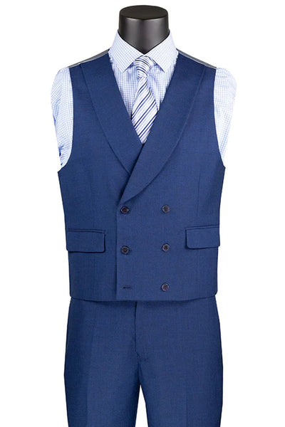 Cheap Priced Suit  - Men's Summer Sharkskin Navy Suit With Double Breasted Vest
