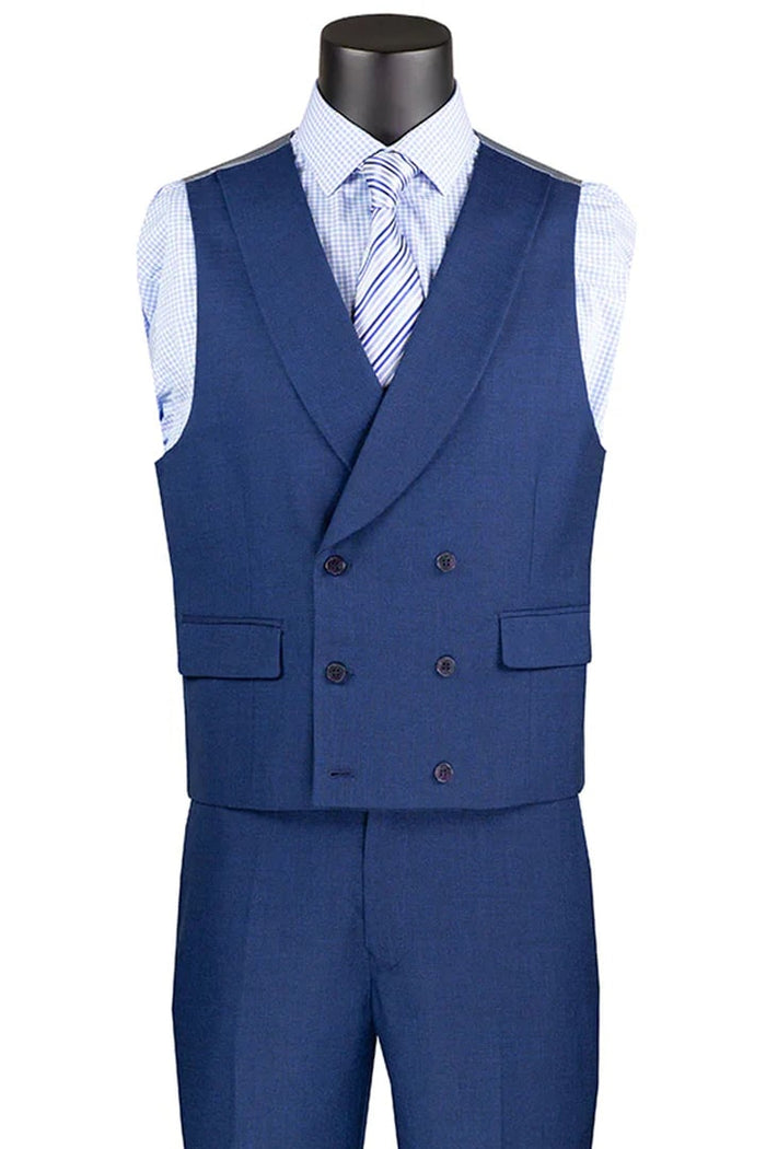 Cheap Priced Suit  - Men's Summer Sharkskin Navy Suit With Double Breasted Vest
