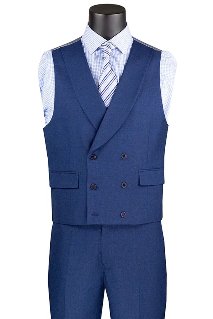 Cheap Suit - Men's Summer Sharkskin Navy Suit With Double Breasted Vest