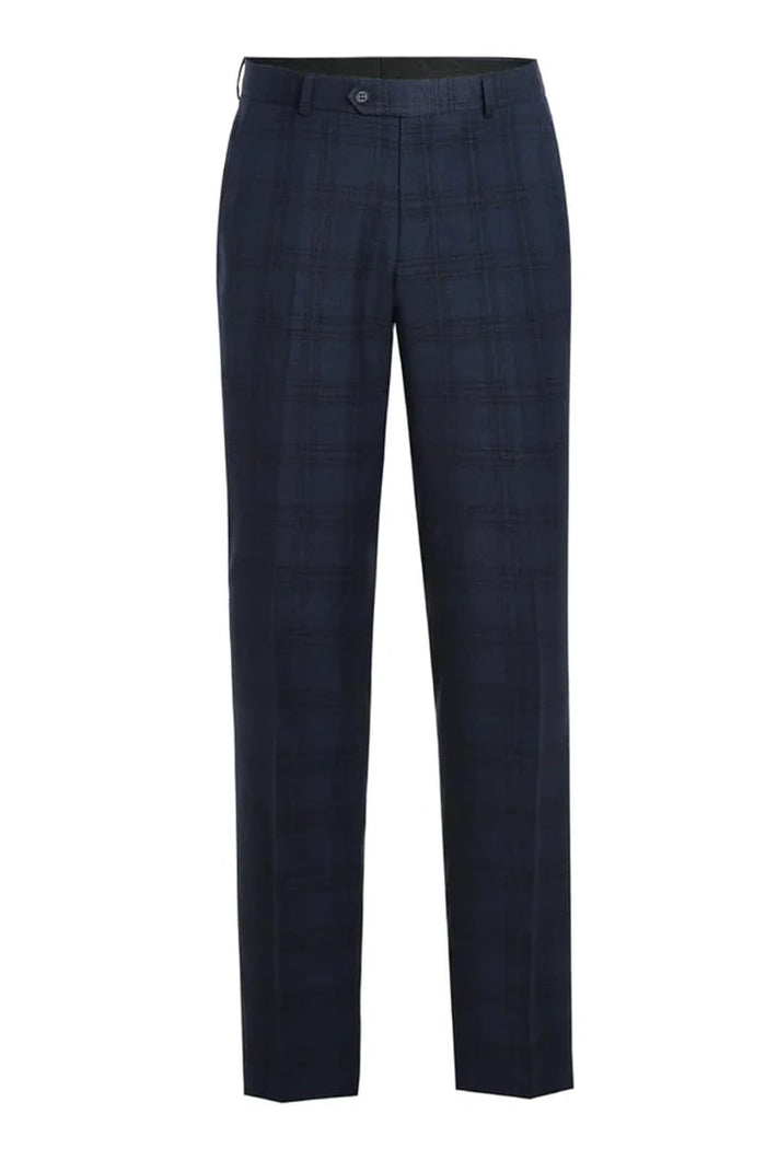Cheap priced Suit- Mens Two Button Slim Fit Two Piece Hack Pocket Stretch Navy Suit  Windowpane Plaid