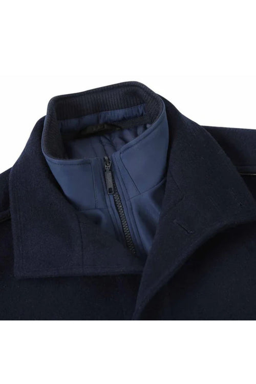 Navy Slim Fit Wool Blend Short Coat with Detachable Full Zipper