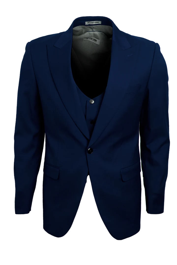 Cheap priced Suit  - Men's Vested One Button Peak Lapel Stacy Adams Navy Suit - 38 Short Jacket+32 Waist Adjustable 28to34)(Height: 5 4 to5 7 )(Neck  15-16.5)S-M)