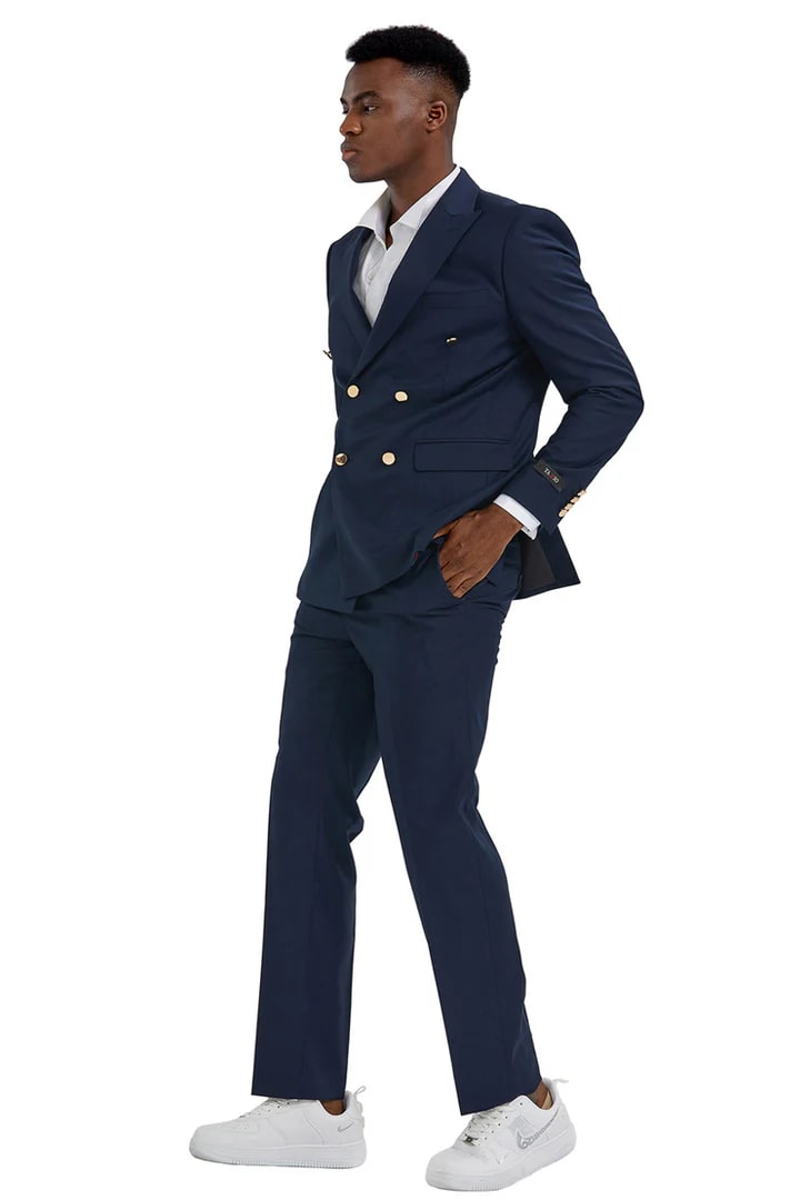 Cheap Suit - Men's Slim Fit Double Breasted Wedding Navy Suit With Gold Buttons