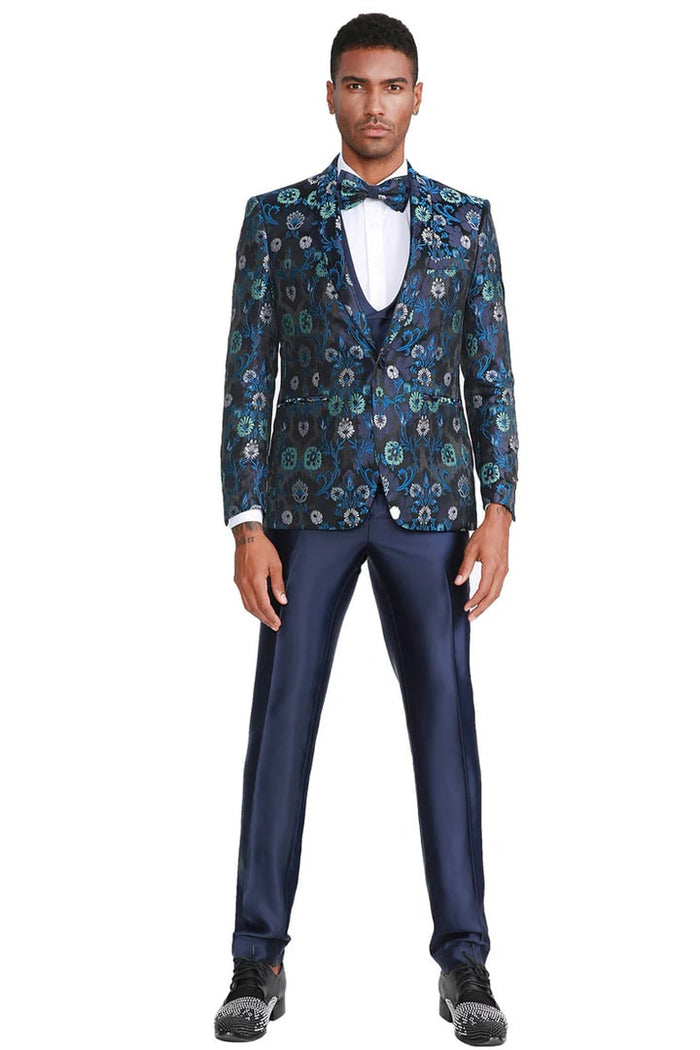Cheap priced Suit  - Men's One Button Vested Navy Floral Print Prom 2026 & Wedding Tuxedo With Satin Vest And Pants