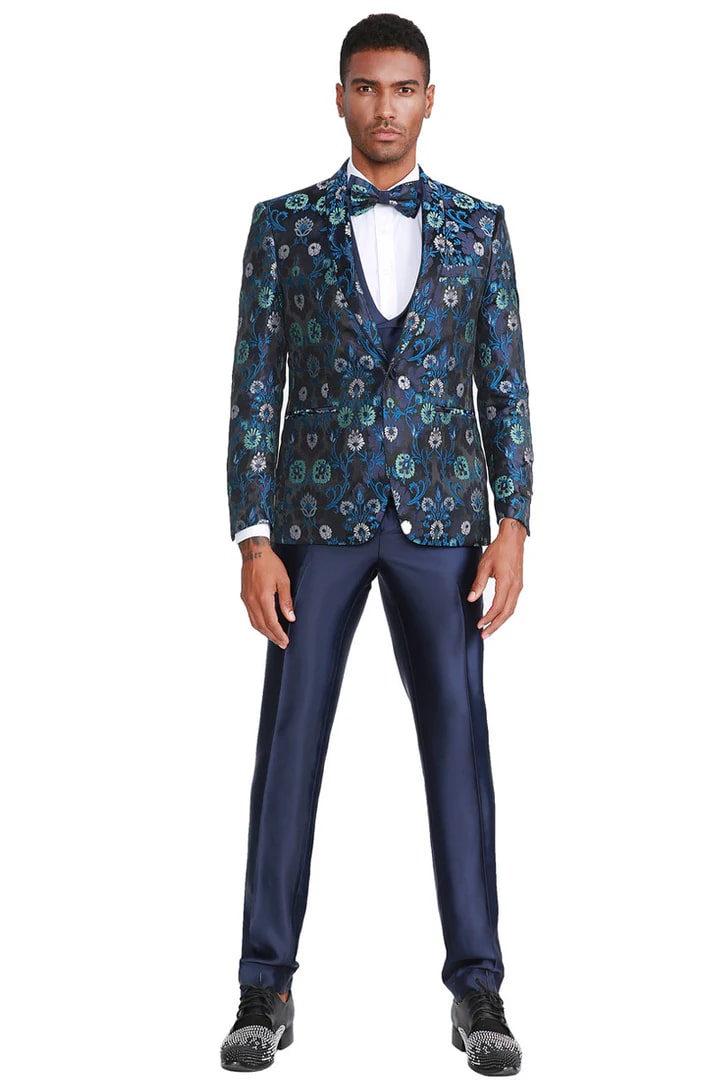 Cheap Suit - Men's One Button Vested Navy Floral Print Prom & Wedding Tuxedo With Satin Vest And Pants