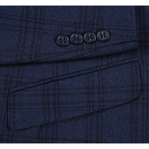 Cheap priced Suit- Mens Two Button Slim Fit Two Piece Hack Pocket Stretch Navy Suit  Windowpane Plaid