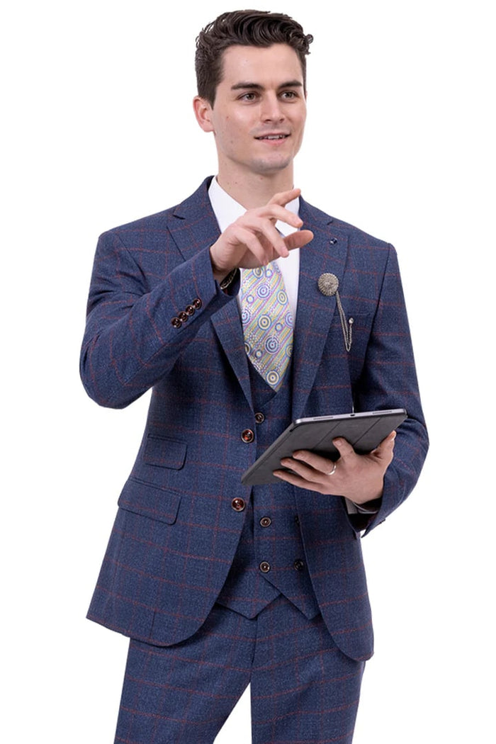 Cheap Priced Suit - Mens Two Button Peak Lapel Vested Fashion Suit In Navy Windowpane Plaid