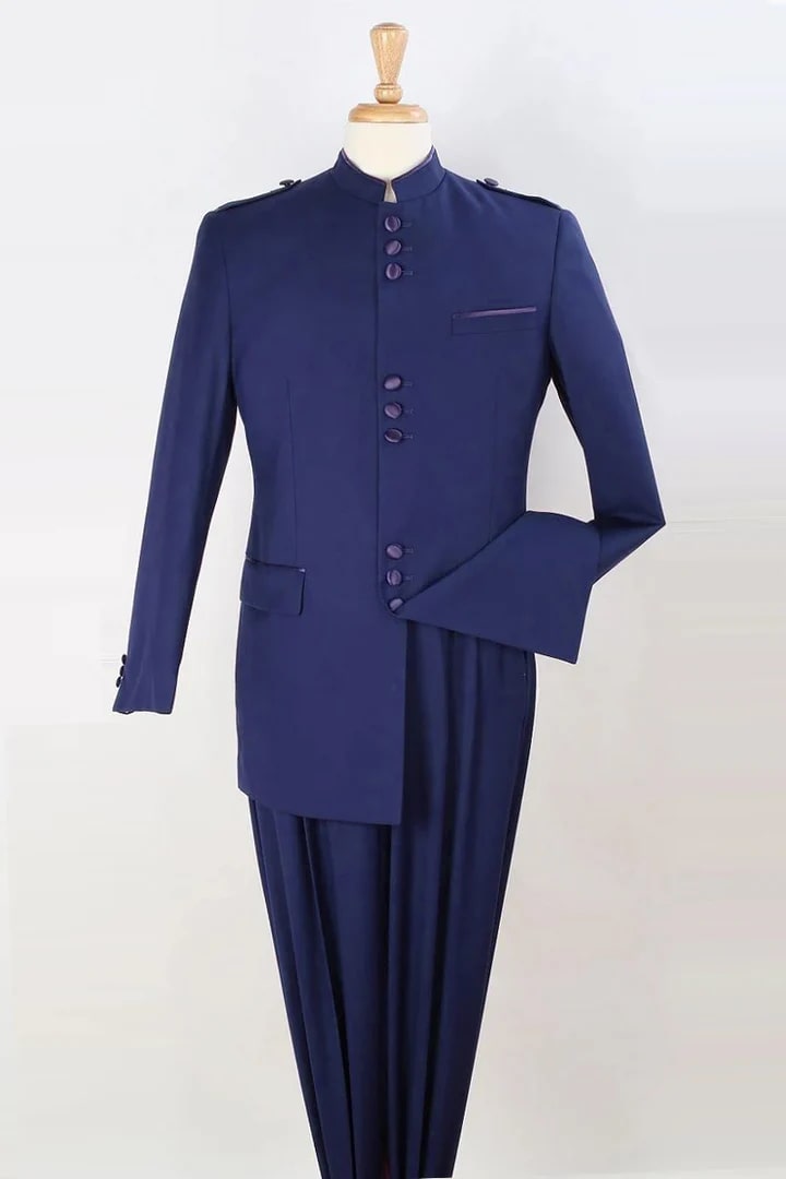 Cheap Suit - Mens Classic Military Banded Collar Mandarin Safari Navy Suit