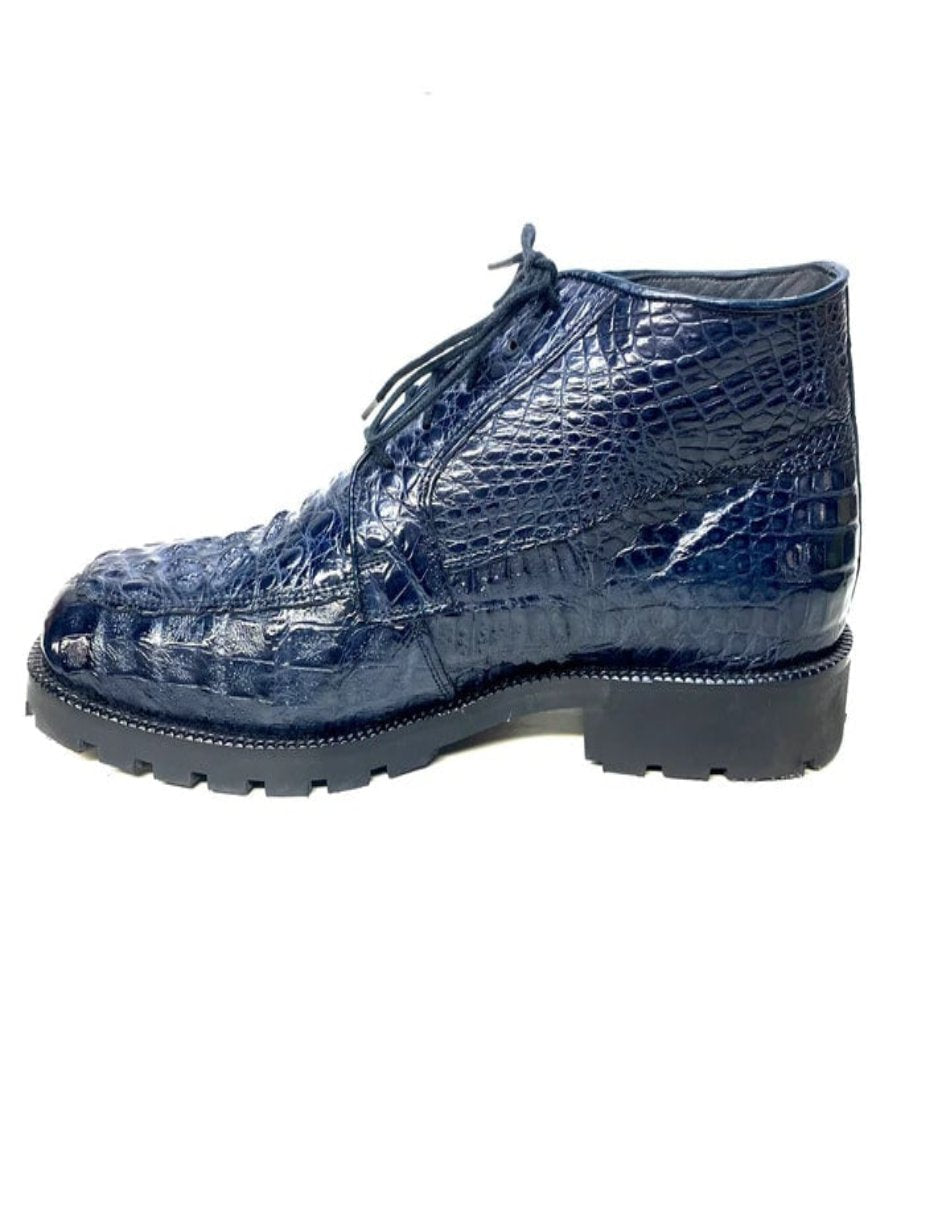 Los Altos Navy Hornback All-Over Crocodile Lace Up Ankle Boots - 8