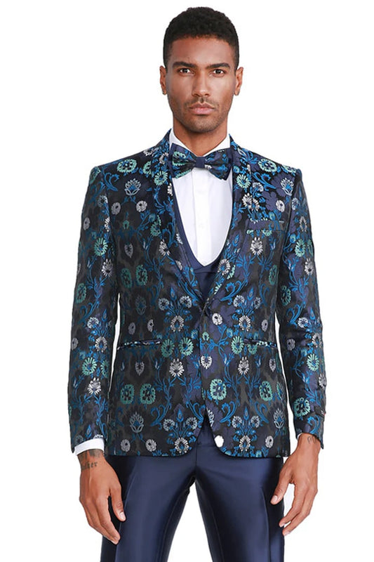 Cheap Suit - Men's One Button Vested Navy Floral Print Prom & Wedding Tuxedo With Satin Vest And Pants