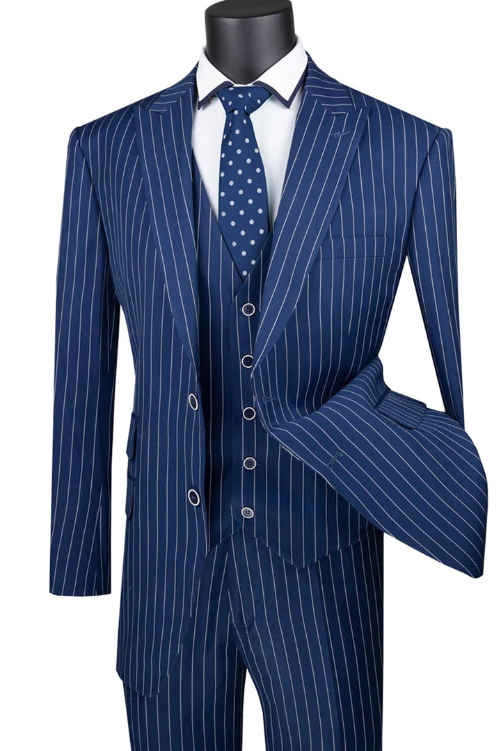 Cheap Suit - Mens Vested Bold Gangster Pinstripe Navy Suit