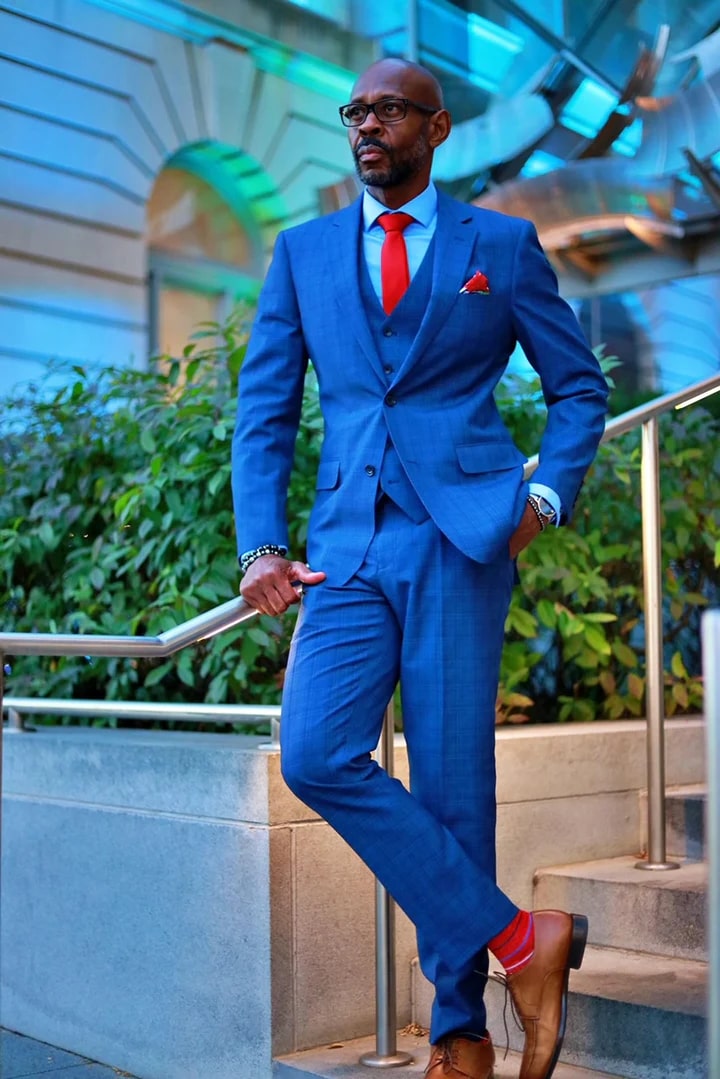 Cheap priced Suit- Mens Two Button Classic Fit Vested  Navy Blue Suit  Windowpane Plaid - 38 Short Jacket+32 Waist Adjustable 28to34)(Height: 5 4 to5 7 )(Neck  15-16.5)S-M)