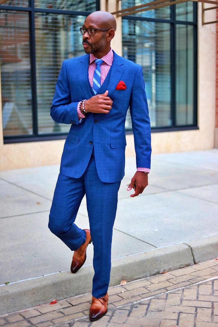 Cheap priced Suit- Mens Two Button Classic Fit Vested  Navy Blue Suit  Windowpane Plaid - 38 Short Jacket+32 Waist Adjustable 28to34)(Height: 5 4 to5 7 )(Neck  15-16.5)S-M)