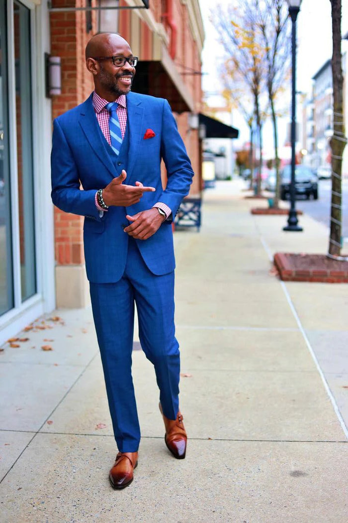 Cheap priced Suit- Mens Two Button Classic Fit Vested  Navy Blue Suit  Windowpane Plaid