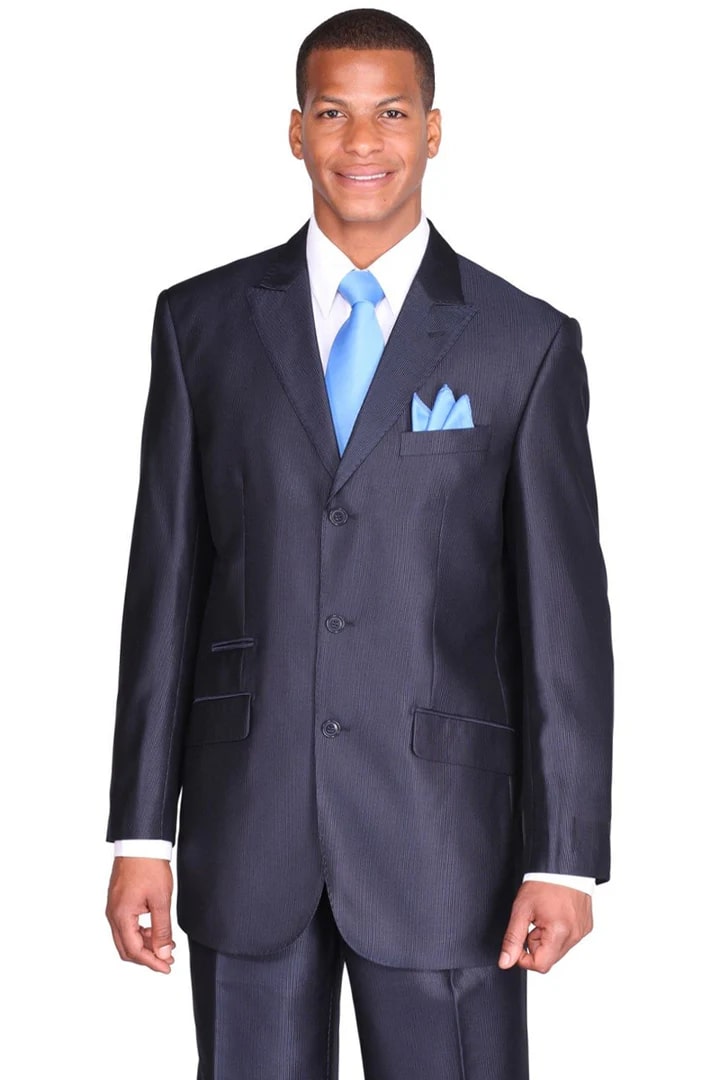 Cheap Suit - Mens 3 Button Peak Lapel Shiny Sharkskin Micro Pinstripe Navy Suit