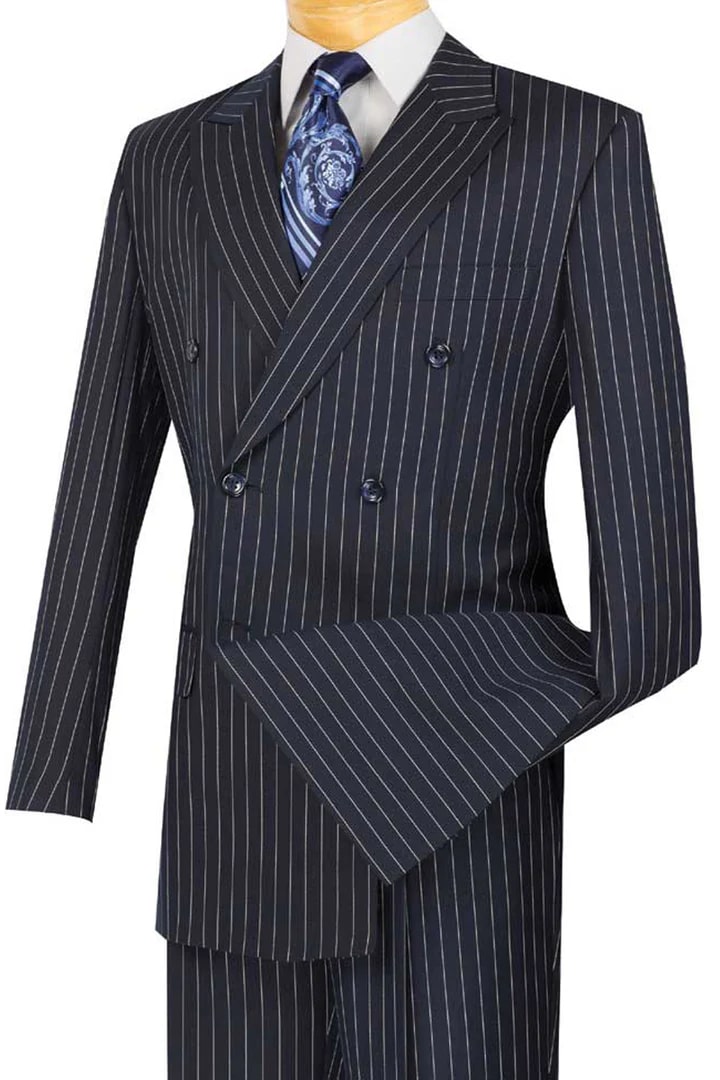 Cheap Suit - Mens Double Breasted Gangster Bold Pinstripe Navy Suit