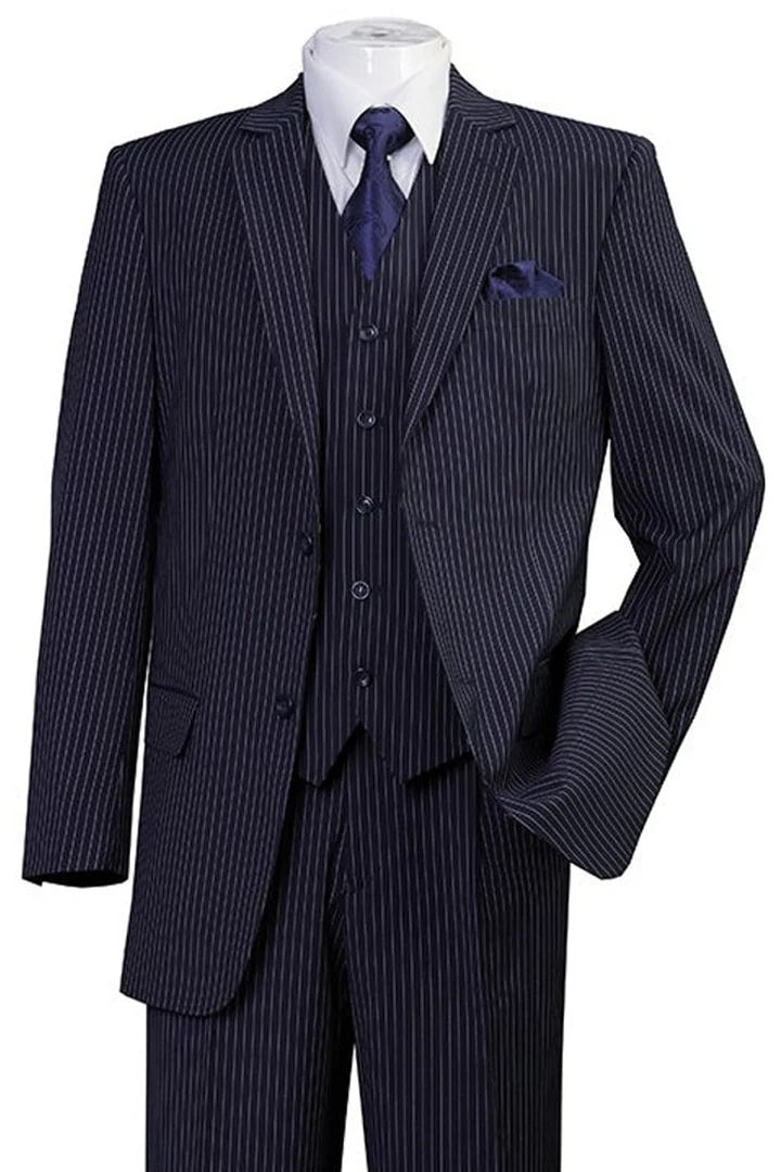 Cheap Priced Suit  - Mens 2 Button Vested 1920's Bold Gangster Pinstripe Navy Suit - 38 Short Jacket+32 Waist Adjustable 28to34)(Height: 5 4 to5 7 )(Neck  15-16.5)S-M)