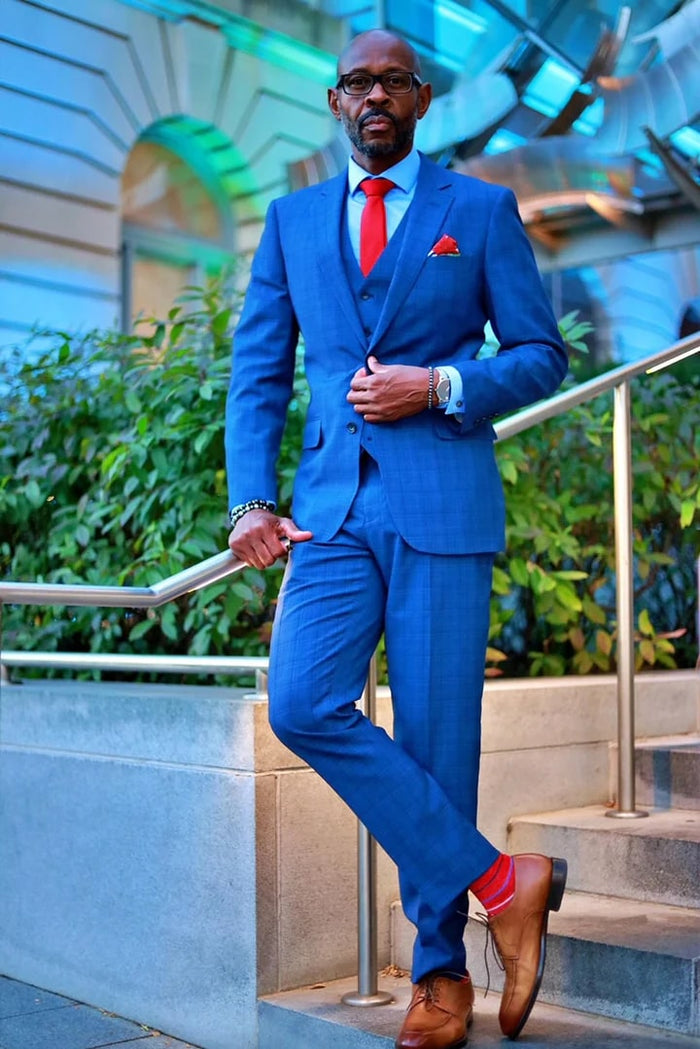 Cheap priced Suit- Mens Two Button Classic Fit Vested  Navy Blue Suit  Windowpane Plaid